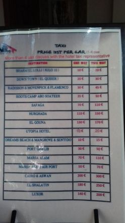 Ceny za usługę taxi z hotelu do różnych miejscowości.